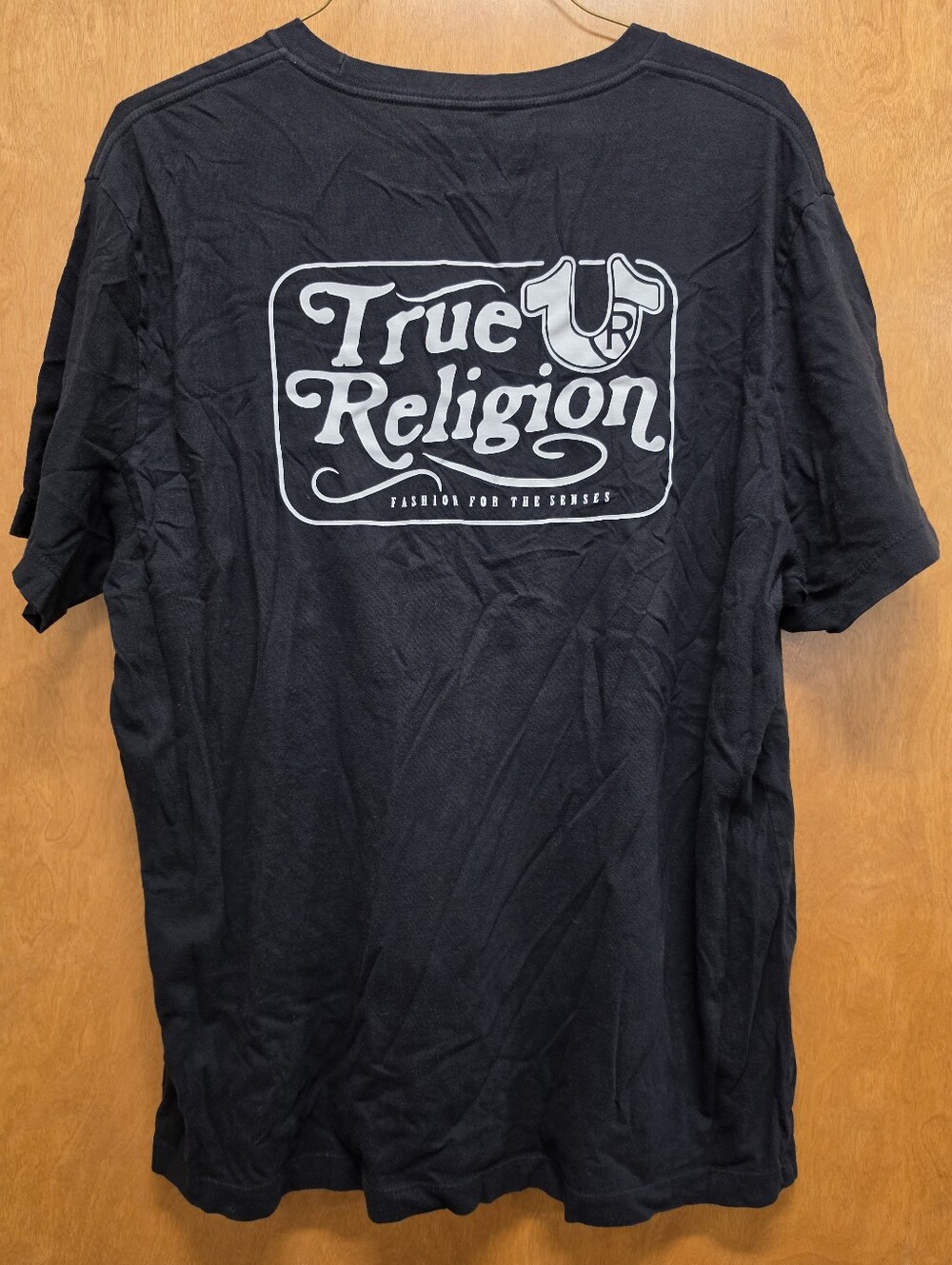 True Religion Black Crewneck Tee with Front White Horseshoe Logo Back Co. Name